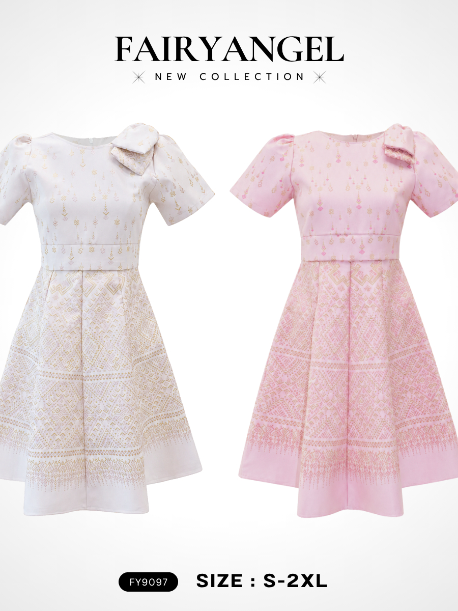 เดรสผ้าไทยทรงบานคอกลม FY9097 สีชมพู-ขาว ไซส์ S-5XL พร้อมส่ง Fairyangelstore มุมมองที่ 3