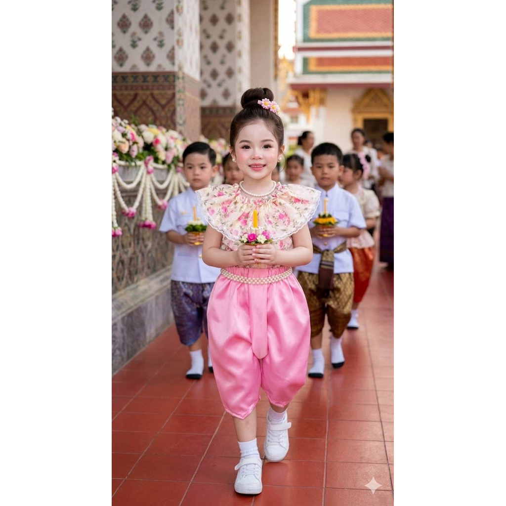 ชุดไทยเด็กผู้หญิงคอระบายลูกไม้ใส่ทำบุญไปโรงเรียนน่ารักสุดๆ ไซส์ S-XL มุมมองที่ 2