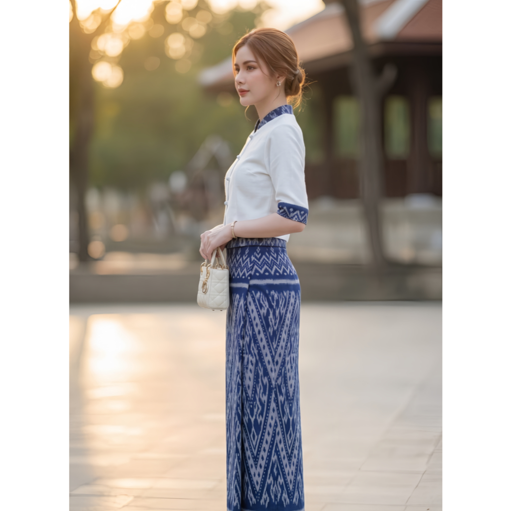 ชุดผ้าไทยลายครามหมักโคลน ผ้าฝ้ายนุ่ม 2ชิ้น พร้อมถุงใส่แก้วน้ำ มุมมองที่ 4