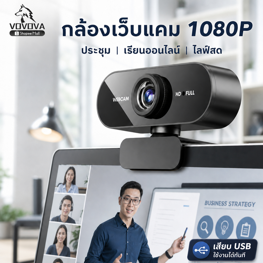 [พร้อมส่ง] กล้องคอมพิวเตอร์ Webcam 1080P มีไมค์ในตัว ลดเสียงรบกวน มุมกว้าง 120° ประกัน 1 ปี