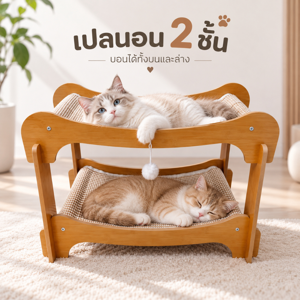 ที่นอนแมว 2 ชั้น ลับเล็บได้ เตียงไม้แมว