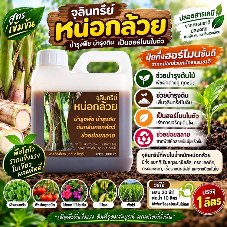 จุลินทรีย์หน่อกล้วย ขนาด 1 ลิตร สูตรเข้มข้น บำรุงพืชผักทุกชนิดเป็นฮอร์โมนในตัวรวมทั้งจุลินทรีย์หลายชนิดที่พืชต้องการ