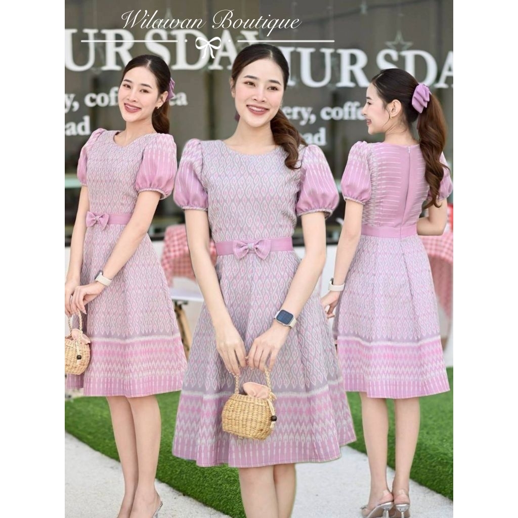 ชุดผ้าทอไทยสีชมพู ทรงเอ อัดกาวทั้งชุด คอบัว สายโบว์ ไซส์ S-2XL มุมมองที่ 6