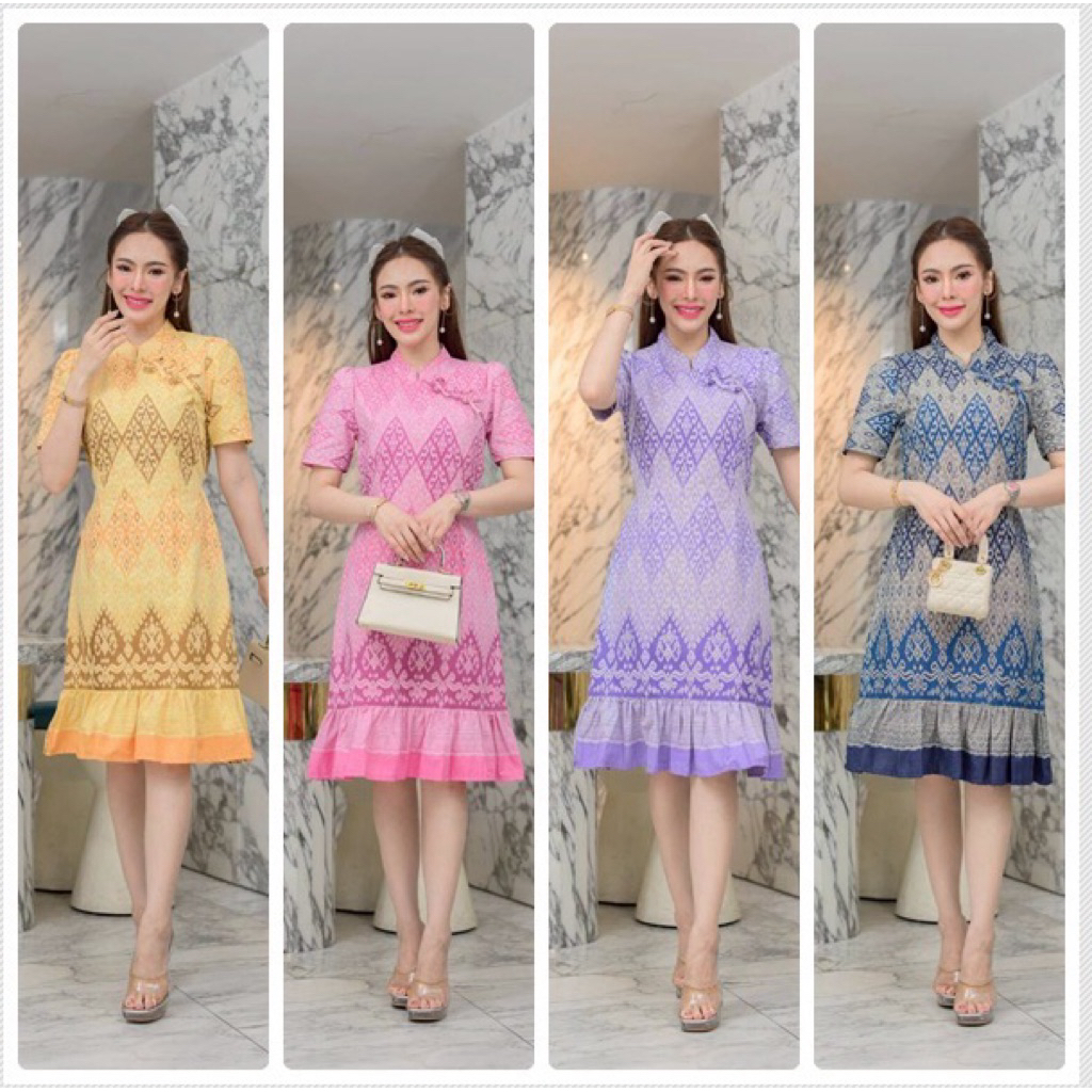 เดรสคอจีนผ้าไทยแต่งโบว์ ระบายสวย ใส่ทำงาน รับปริญญา ผ้าฝ้ายคุณภาพดี