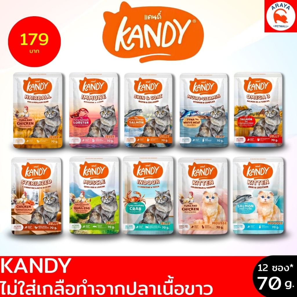 Kandy อาหารเปียกแมว ไม่ใส่เกลือ ผลิตจากปลาเนื้อขาว (ยกโหล 12 ซอง)
