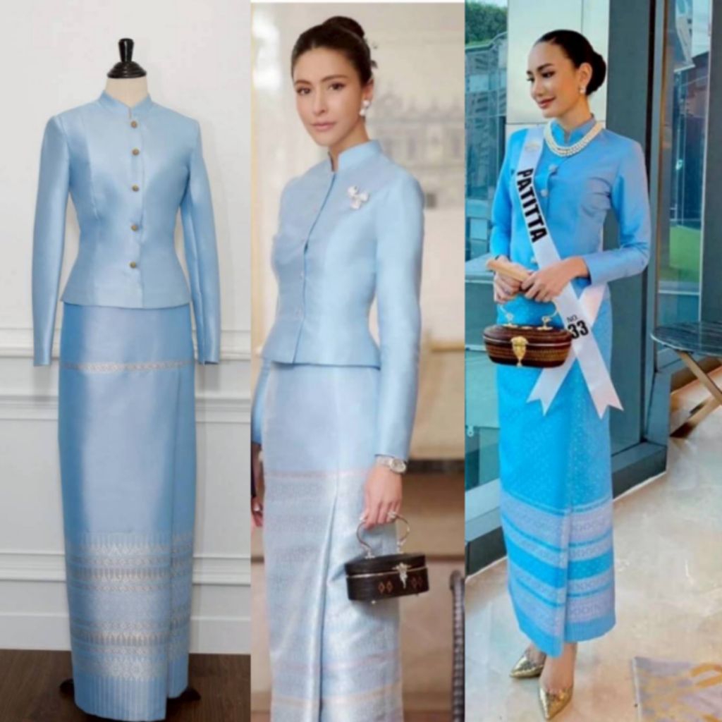 ชุดไทยจิตรลดาสีฟ้า ผ้าไหมแพรวา รับตัดทุกไซส์ สวยหรูดูแพง ใส่ได้ทุกงานมงคล มุมมองที่ 5