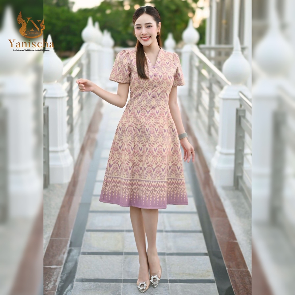 เดรสผ้าไหมทอลาย ชุดไปวัดทำบุญ หรูสุภาพ สีชมพู-ม่วง ไซส์ XS-5XL มุมมองที่ 5