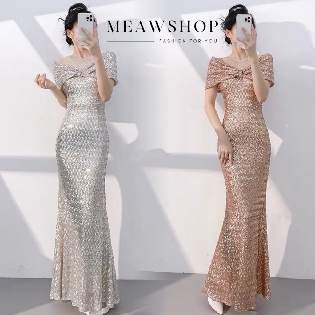ชุดราตรียาวปักเลื่อม M-4XL สาวอวบใส่ได้ เนื้อผ้าดีไม่คัน สีเงิน/โรสโกลด์