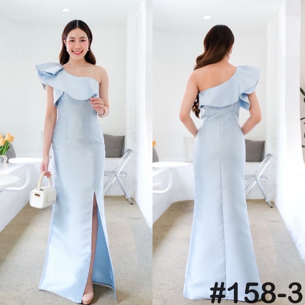 ราตรียาวระบายจีบ One Shoulder เดรสเพื่อนเจ้าสาว 7 สีหรู เนื้อผ้าเงาสวย ทรงหางปลา