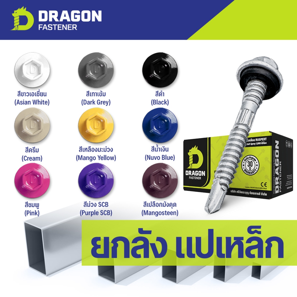 [ยกลัง] Dragon Fastener สกรูยิงเมทัลชีท Class3 (หัวสี2) ปลายสว่านพร้อม ...