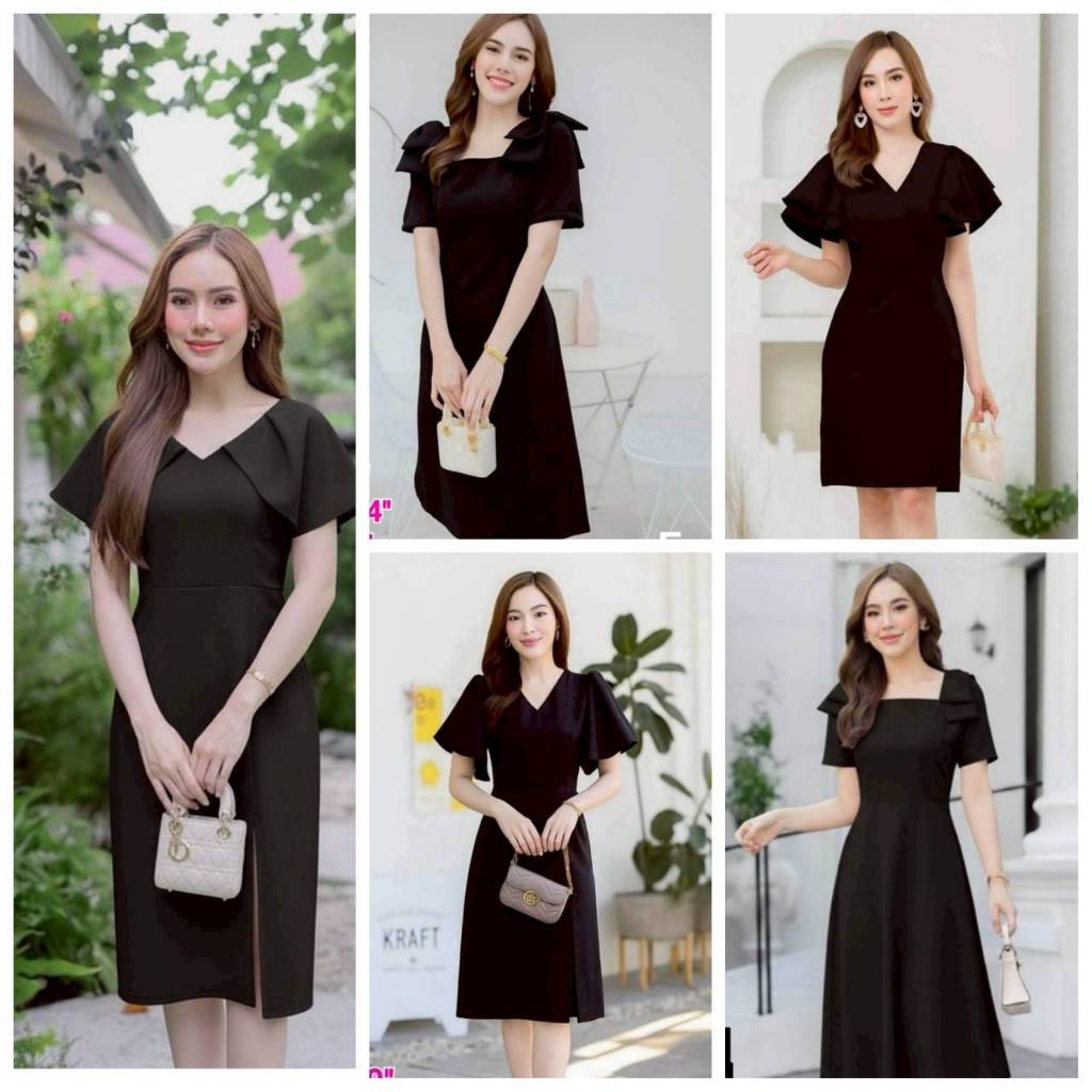 ชุดดำสุภาพ เดรสดำ เดรสทำงาน ชุดทำงาน  ผ้าฮานาโก๊ะ เนื้อหนาไม่โป๋ ซิปหลัง