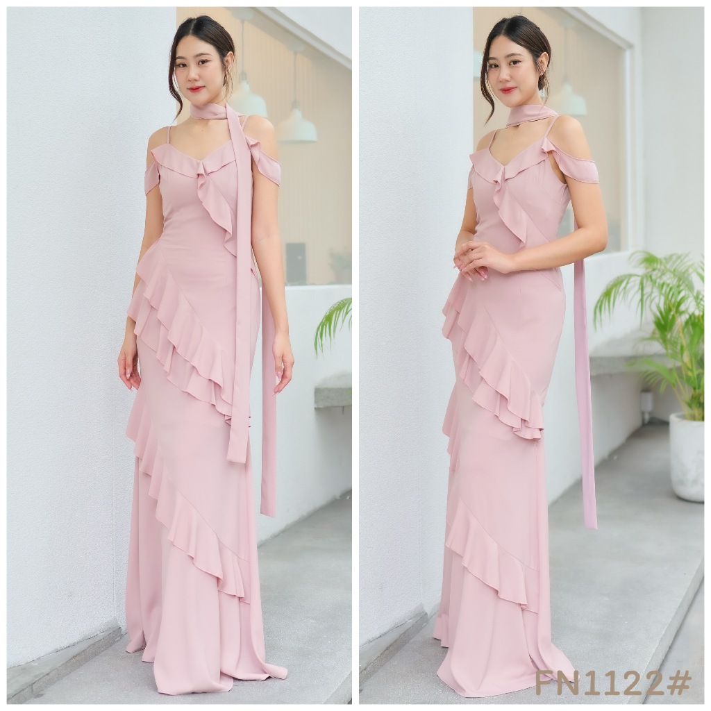 FN1122 เดรสสายเดี่ยวเปิดบ่าระบายทั้งตัว พรางพุงสวย ใส่ไปงานแต่งเพื่อนเจ้าสาว มุมมองที่ 4