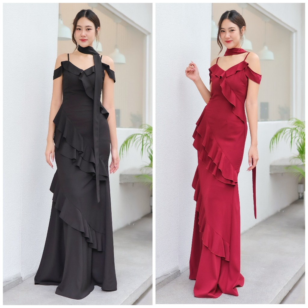FN1122 เดรสสายเดี่ยวเปิดบ่าระบายทั้งตัว พรางพุงสวย ใส่ไปงานแต่งเพื่อนเจ้าสาว มุมมองที่ 3