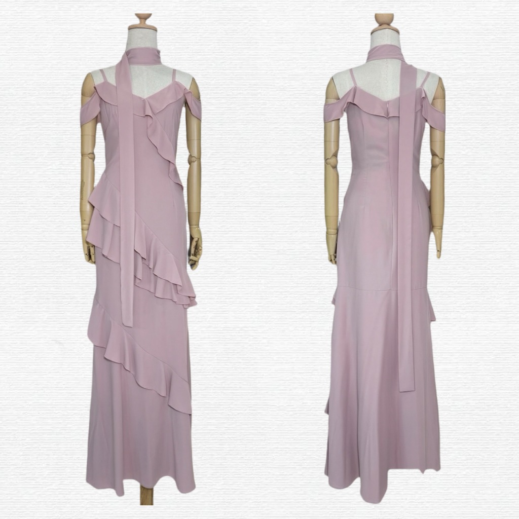 FN1122 เดรสสายเดี่ยวเปิดบ่าระบายทั้งตัว พรางพุงสวย ใส่ไปงานแต่งเพื่อนเจ้าสาว มุมมองที่ 6
