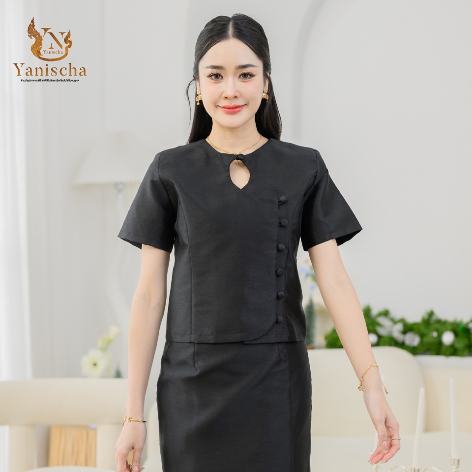 ชุดผ้าไหมจิตรลดาสีดำ เซ็ทไปวัดทำบุญ ไซส์XS-5XL งานช่างไทย20ปี มุมมองที่ 4