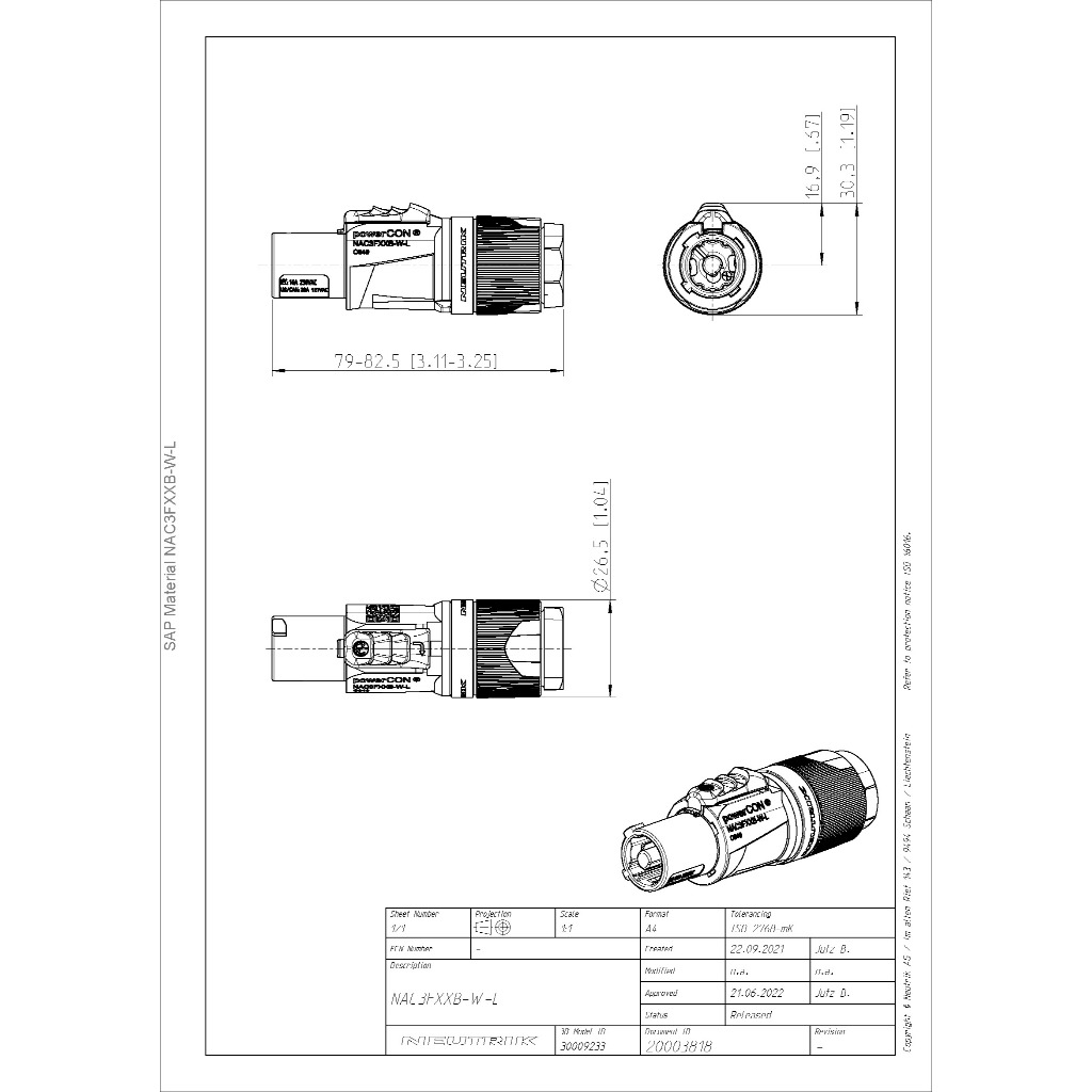 Plug PowerCon Output Neutrik NAC3FXXB-W-L เข้าสายไฟ AC ปลั้ก Powercon ...
