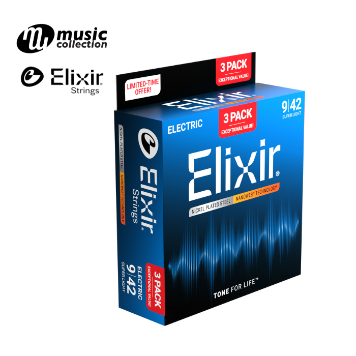 ของแท้ Elixir® Nanoweb สายกีตาร์ไฟฟ้า เบอร์ 9 แบบนิกเกิล (Super Light, .09 – .042) (3-Pack) #16566