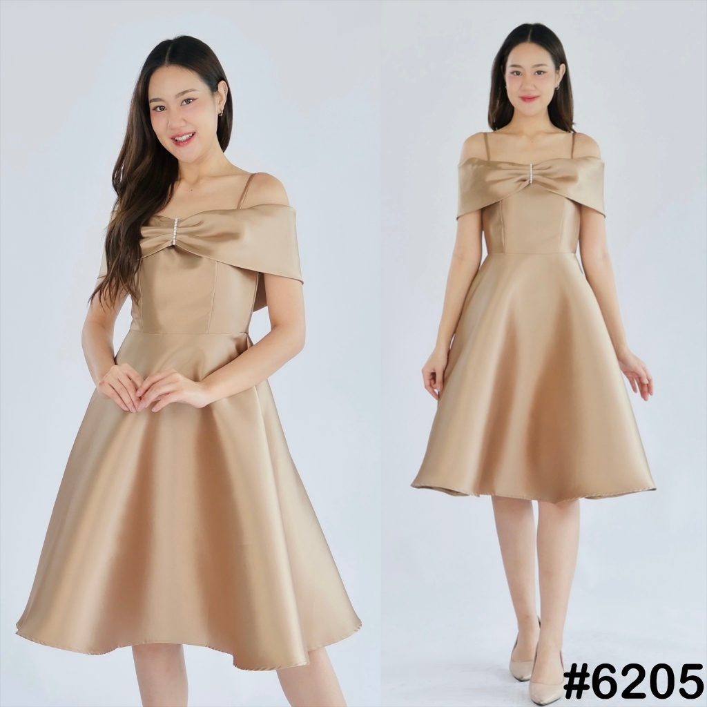 เดรสสายสปาเกตตี้เปิดบ่า อกจีบโบว์ ชุดไปงานแต่ง เพื่อนเจ้าสาว 2024 LUXURY707
