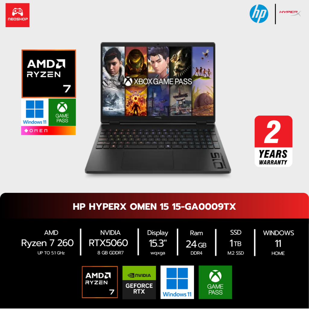 (ใหม่ล่าสุด) HyperX OMEN | AMD Ryzen 7 260 | RTX 5060 | 24GB/1TB | 15.3 ...