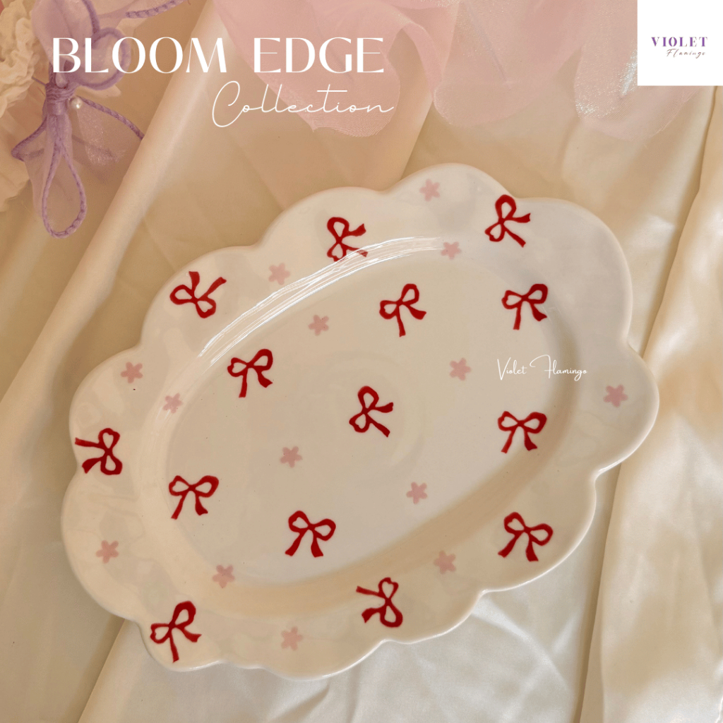 Violet Flamingo จานเซรามิก Bloom Edge ขอบทรงดอกไม้บาน ลายดอกไม้ จานโบว์ ...