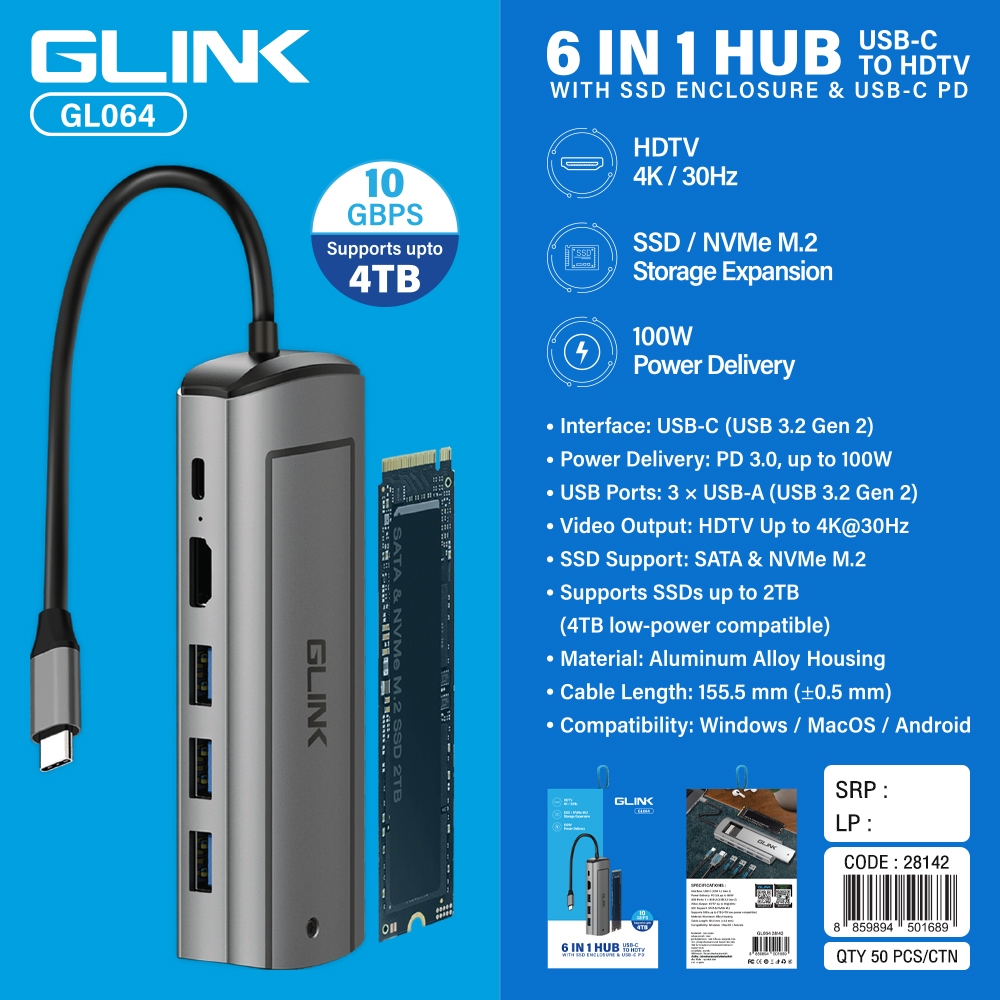 Glink GL-064 USB Type-C To HDMI 4K 30Hz+PD 100W+USB3.0 รองรับ SSD/NVME ...