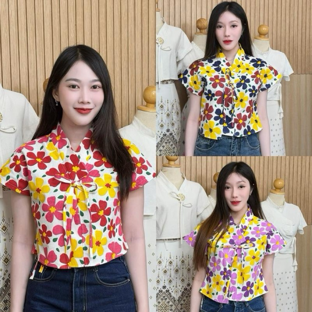 เสื้อสงกรานต์ลายดอกผูกโบว์หน้า(ฝ้ายพิมพ์ลาย)