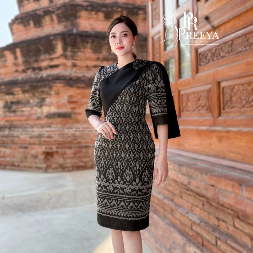 PR183 เดรสผ้าฝ้ายทอลาย อัดกาวทั้งชุด เก็บทรงสวย ไซส์S-4XL มุมมองที่ 3