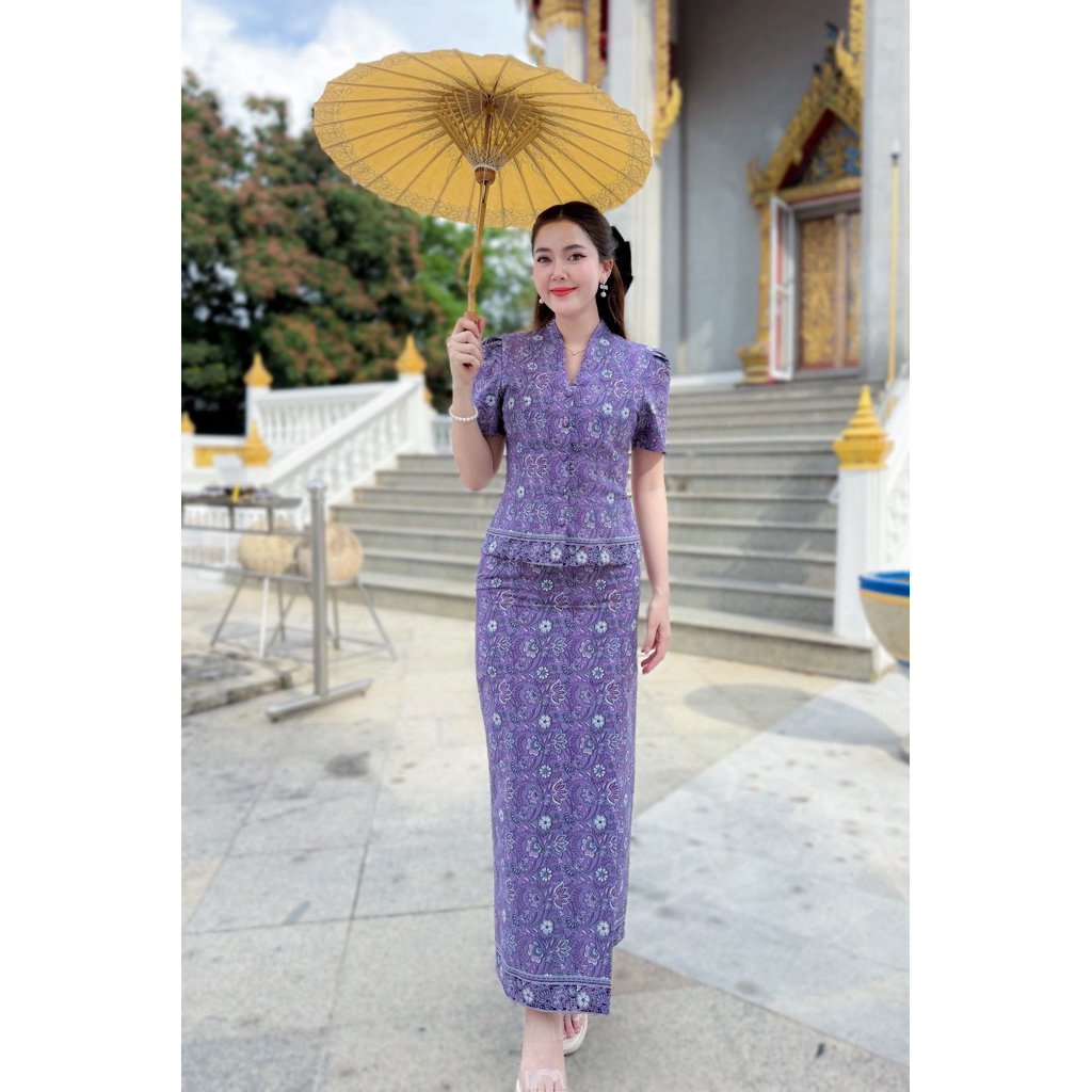 เซตชุดไทยปาเต๊ะสีเผือก เสื้อ+ผ้าถุง Cotton คอปีน เรียบหรูดูแพง พร้อมส่ง มุมมองที่ 6