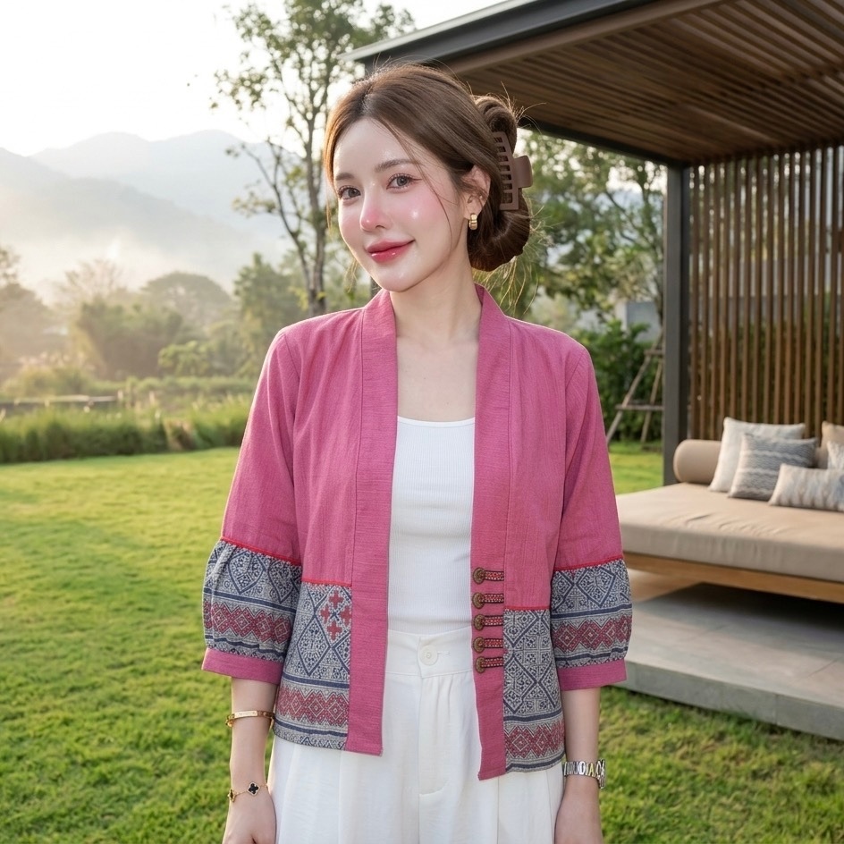 LANNA – เสื้อคลุมผ้าฝ้ายสไตล์งานม้ง ทรงแขนบอลลูน ผ้าฝ้ายพิมพ์ลาย ทรงสวยใส่สบายมากค่ะ