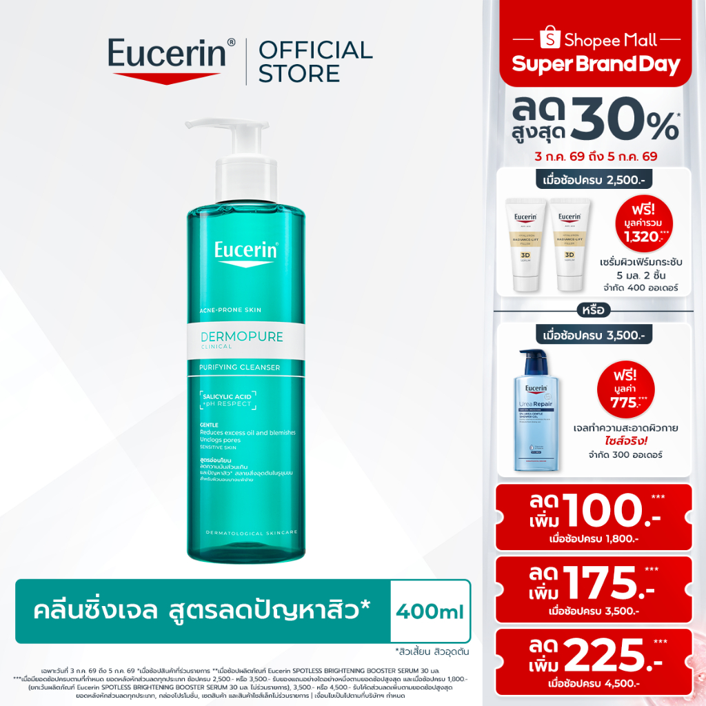 Eucerin DERMOPURE CLINICAL PURIFYING CLEANSER 400 ML(ยูเซอริน เจลล้างหน้า ลดปัญหาสิว ลดผิวมัน บำรุงผิวหน้า)