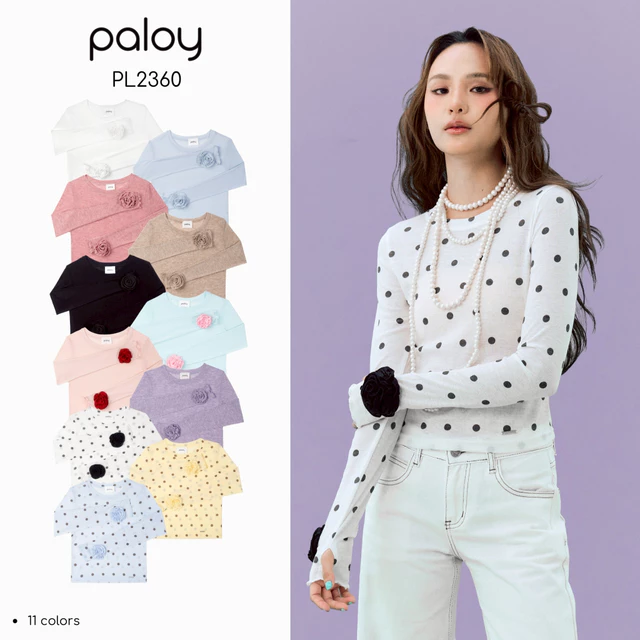 [Best Seller] Paloy - PL2360 Camellia Top เสื้อดอกคามิเลีย เสื้อแขนยาว ทรงเข้ารูป ปลายแขนแต่งดอกคามิเลีย