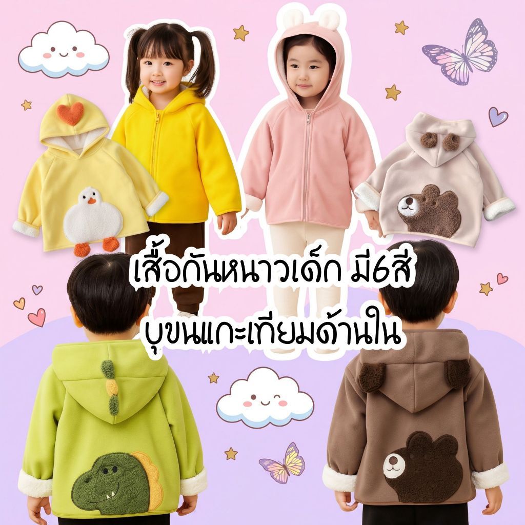 MooDeng Baby เสื้อกันหนาว แขนยาว ผ้าหนา อบอุ่น หนา2ชั้น มีฮูด  มีซิป ลายสัตว์น่ารัก ขนอัลปาก้าผสม นุ่ม