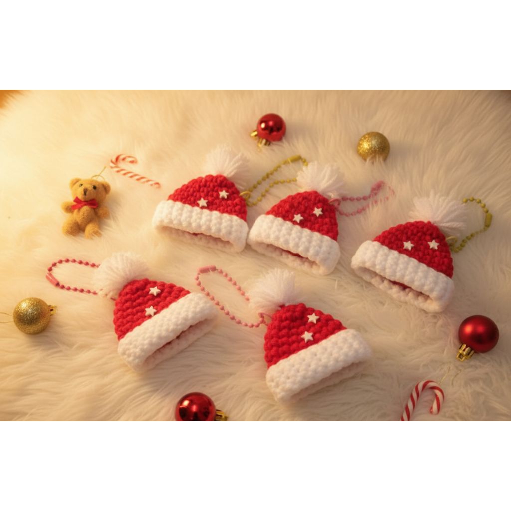 พวงกุญแจหมวกคริสต์มาส งานถักไหมพรม | Keychain Xmas ของขวัญปีใหม่ ของแต่งกระเป๋าน่ารัก
