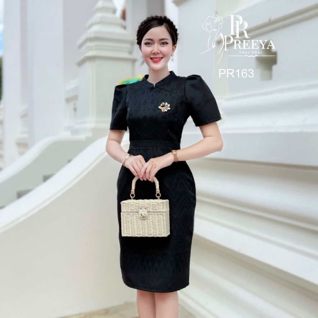 PR163 เดรสผ้าฝ้ายทอลายยกแขน อัดกาวทั้งชุด ไซส์ S-4XL แบรนด์ Preeya เก็บทรงสวย มุมมองที่ 2