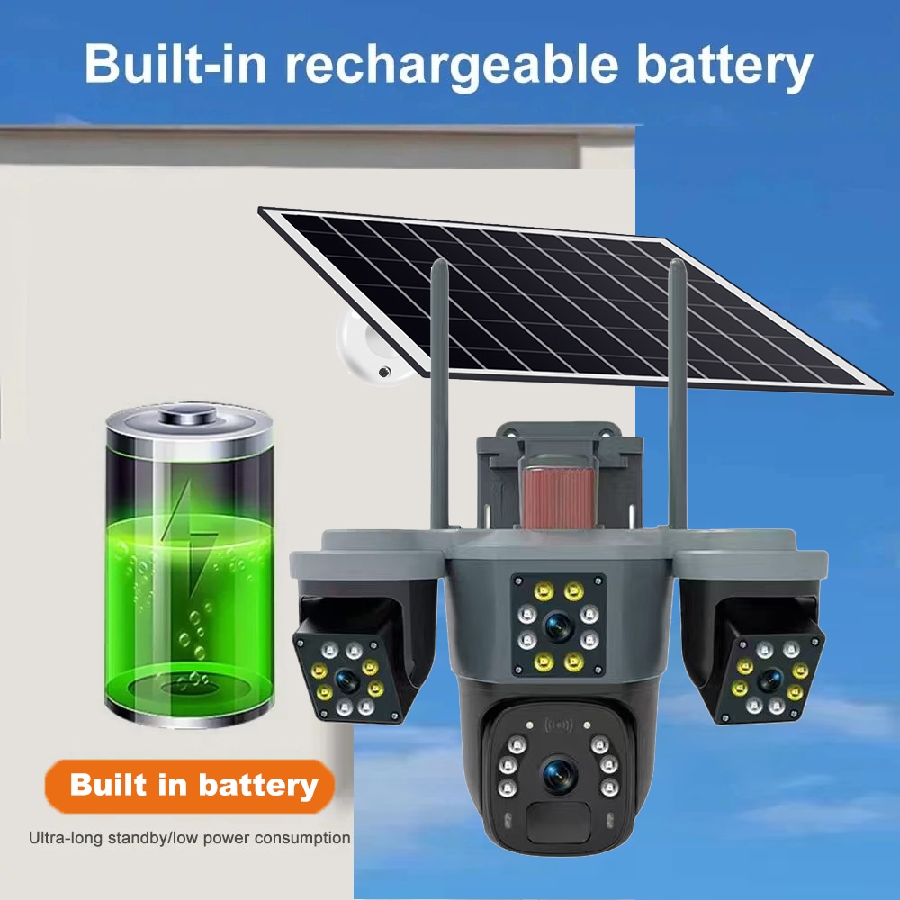 พร้อมส่ง WIFI / 4G Camera 12MP 6K 18LED Solar Cell กล้องวงจรปิดไวไฟ / ใส่ซิม โซลาร์เซล 12ล้านพิกเซล กล้อง2เลนส์3จอ
