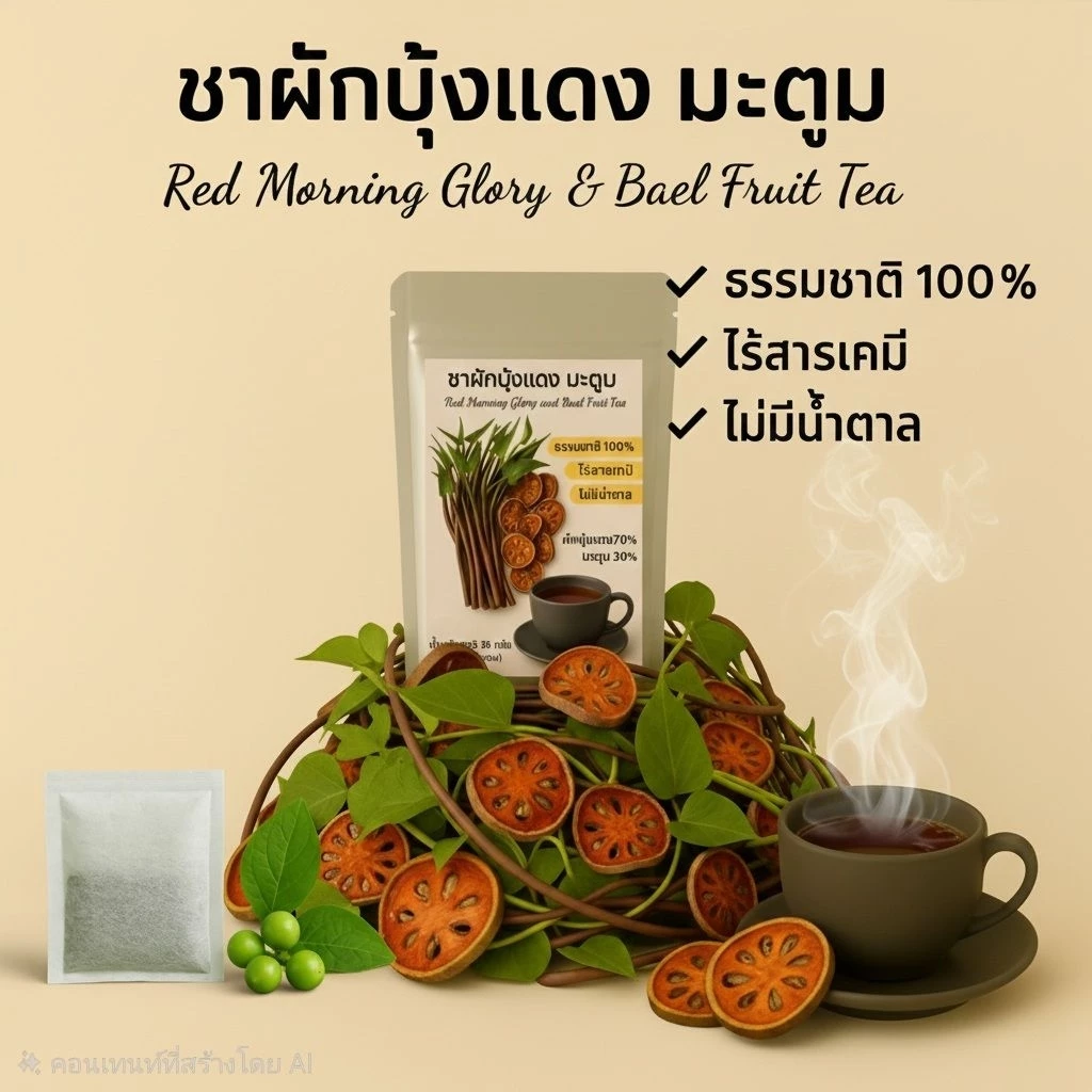 ชาผักบุ้งแดงผสมมะตูม 12 ซองชา ไม่มีน้ำตาล สะอาดผักออร์แกนิก ไร้สารเคมี ช่วยบำรุงสายตาเหมาะสำหรับผู้ที่ใช้จอนานๆ