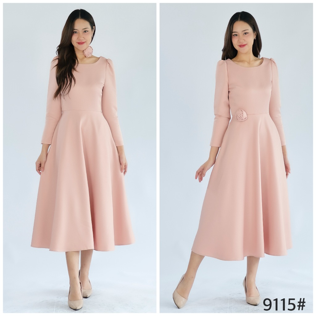 เดรสเพื่อนเจ้าสาว LX9115 ออนนี่ midi dress แขนยาว เข็มกลัดกุหลาบ ทรงเกาหลี ใส่ผอม มุมมองที่ 5