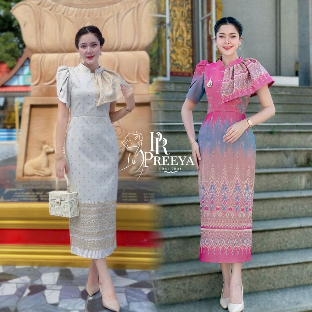 เดรสผ้าฝ้ายทอลายพลอยพรรณ อัดกาวทั้งชุด ชุดไทย Preeya PR156 ทรงสวยเข้ารูป ไซส์S-2XL มุมมองที่ 2