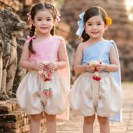 ชุดไทยเด็กผู้หญิงผ้าไหมประยุกต์ กระโปรงบอลลูน 3 สีสวย พร้อมส่ง น่ารักหรูหรา