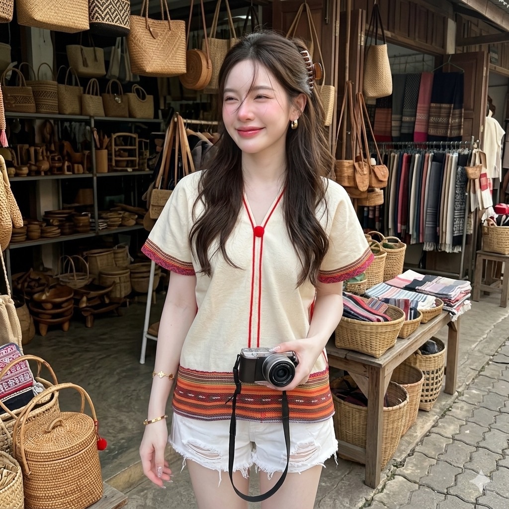 LANNA – เสื้อผ้าฝ้ายคอวีหน้าหลัง แต่งแถบผ้าทอนากา ทรงแขนลวดไหล่ (ลายผ้าทอแต่งคละสี)