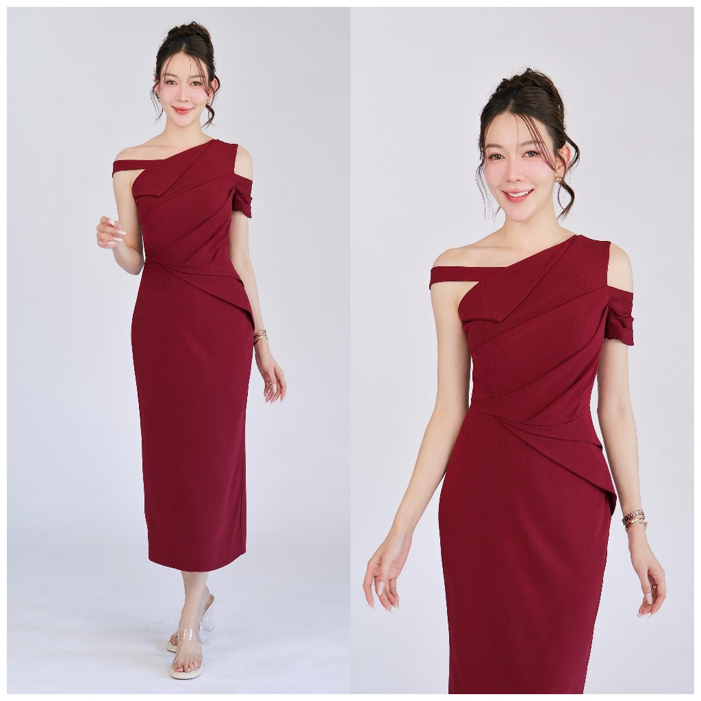 FN2106 เดรสชีฟองไหล่เฉียงเดรปเอว ไปงานแต่ง เพื่อนเจ้าสาว สีสวยทันสมัย ไซส์ S-XL มุมมองที่ 5