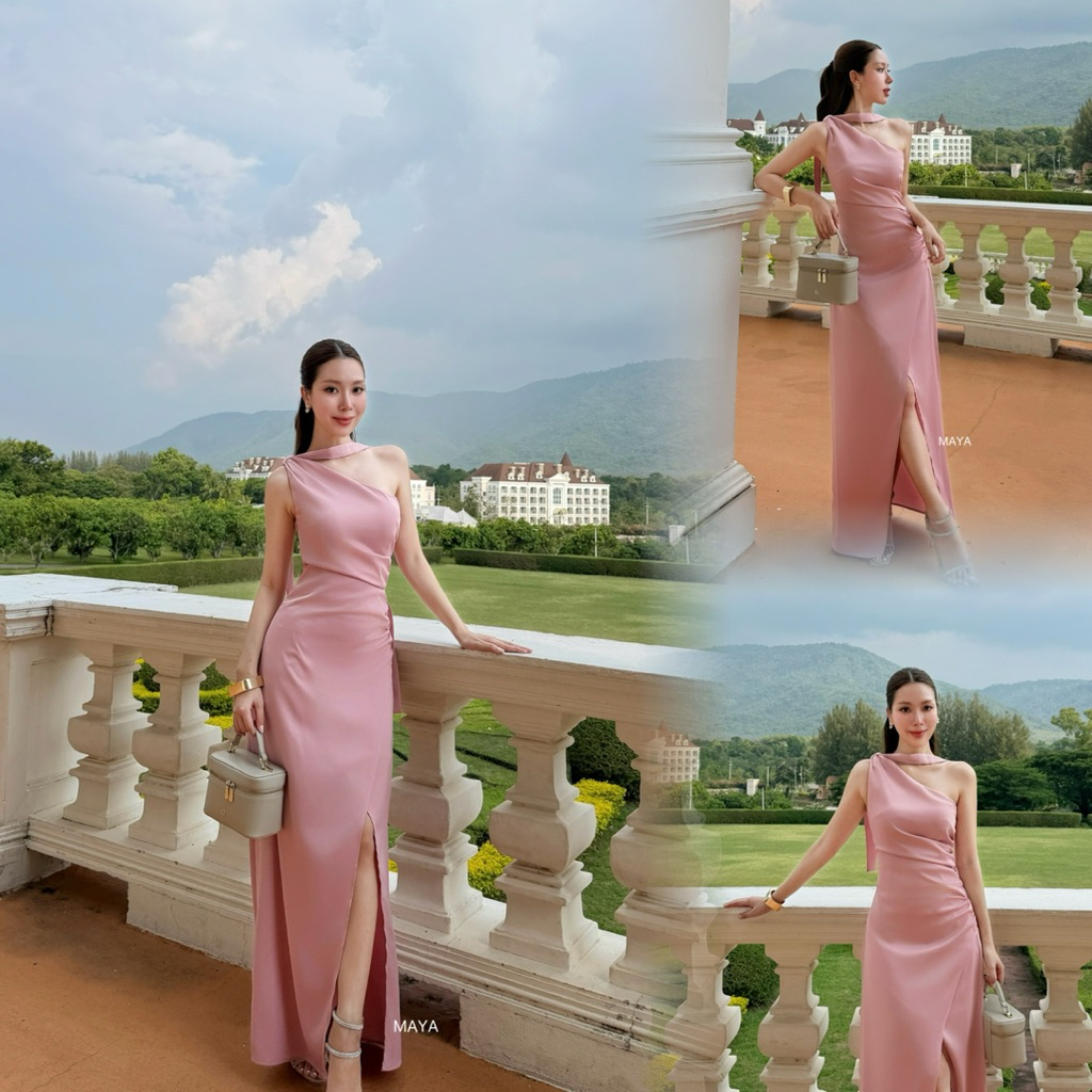 เดรสยาวออกงานสีน้ำตาลไหม้ ผ้าซาตินพริ้ว พรางพุง สายผูกอเนกประสงค์ 3 in 1 มุมมองที่ 4