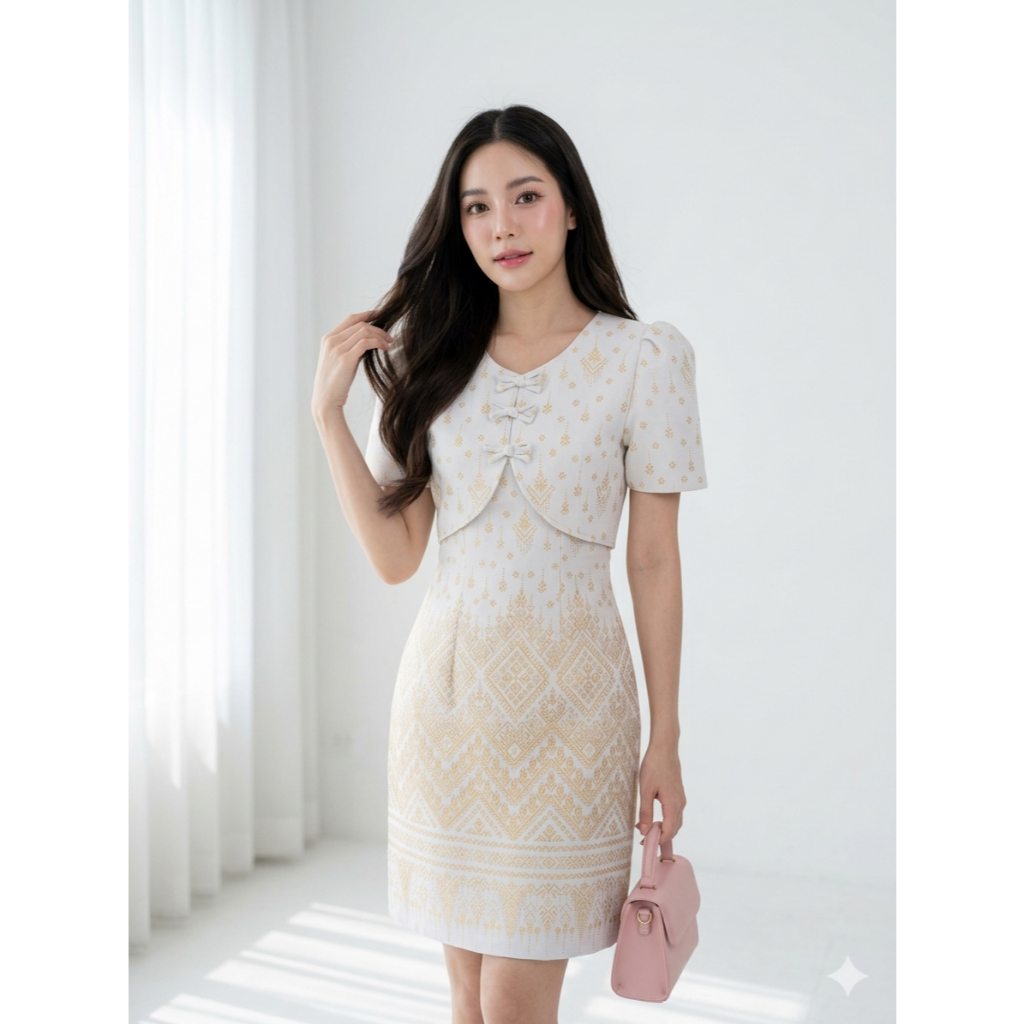 เดรสลายเทียนหยดอัดกาว แต่งกั๊กโบว์ ทรงสอบ ขับผิว ราคาถูก (S-2XL) มุมมองที่ 3