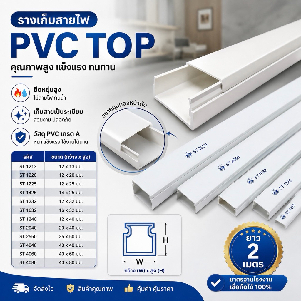 รางเก็บสายไฟอเนกประสงค์ PVC TOP รางเก็บสายไฟ PVC สีขาว ยาว 2 เมตร ...