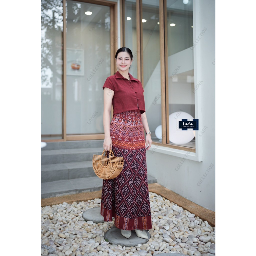 เซ็ทผ้าฝ้ายลายขอรอบเพชร: เสื้อคอปกxกระโปรง8ชิ้น สวยสง่า ใส่สบาย ไม่ร้อน! มุมมองที่ 3
