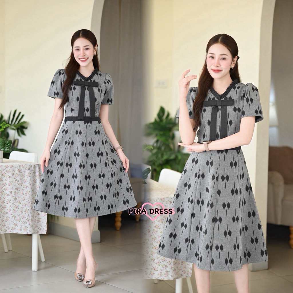 PIRA DRESS เดรสผ้าฝ้ายอัดกาว ทรงสวยเน้นสัดส่วน สีดำ-เทา ใส่แล้วเรียว