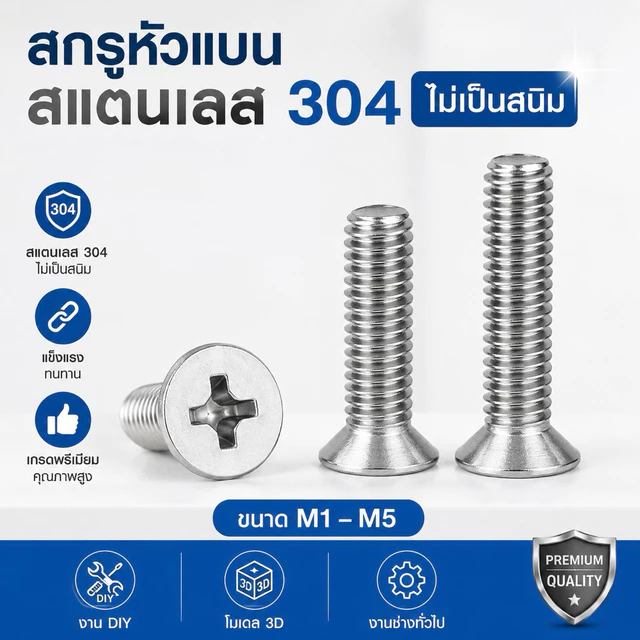 สกรูหัวแบน หัวแฉก สแตนเลส 304 M1 M2 M2.5 M3 M4 M5 Phillips Flat Head Screw สำหรับ 3D Printer DIY