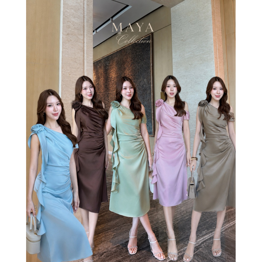 เดรสออกงานผ้าซาตินโคเรีย พรางพุงด้วยดอกไม้เดรปเอว ใส่แล้วดูแพง มีหลายสี S-XL