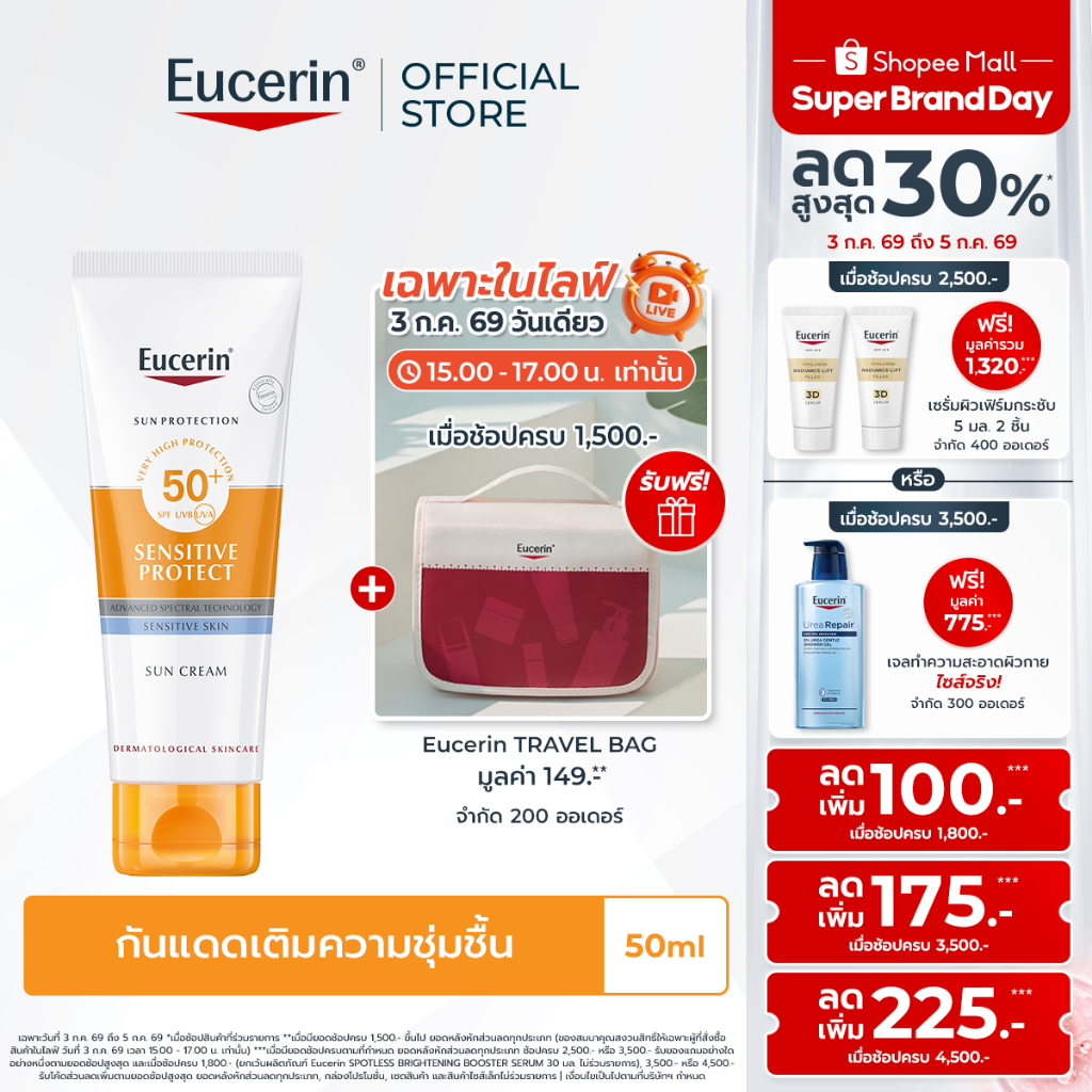 Eucerin SUN SENSITIVE PROTECT CREAM SPF 50+ PA++++ 50 ML ยูเซอริน ครีมกันแดดสำหรับผิวหน้า ให้ความชุ่มชื้น กันน้ำ