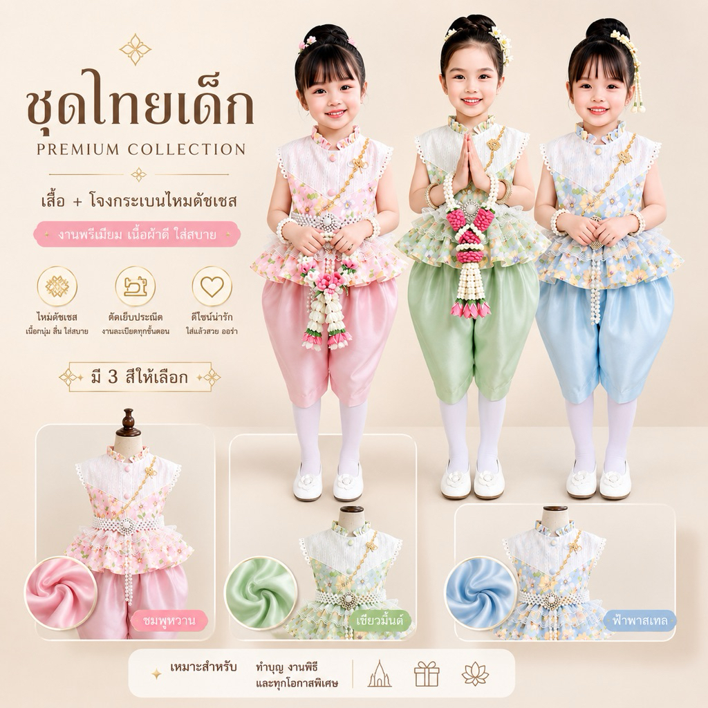 💖 ชุดไทยเด็กหญิงโจงกระเบน รุ่นมะลิวัลย์ ใส่ไปโรงเรียน สบาย ไม่ร้อน ราคาถูก มีจำนวนจำกัด